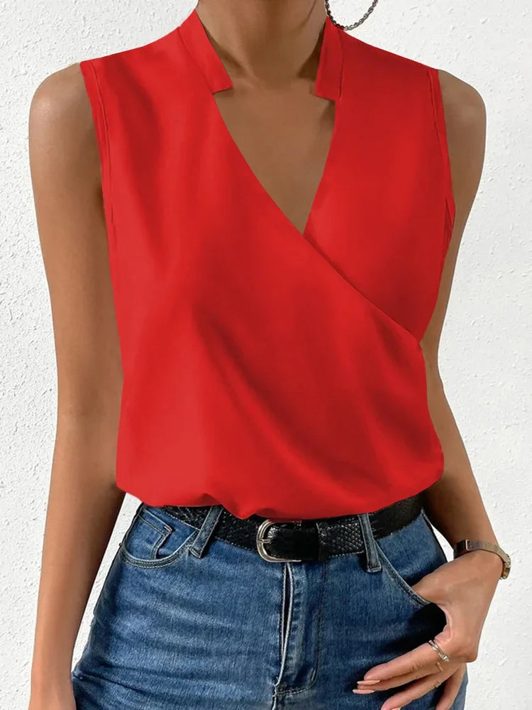 2024 Summer New Women's Printed V Neck Blouse Top Ladies Casual Slim Sleevless Pullover Shirts Femme Blusas Chemisier