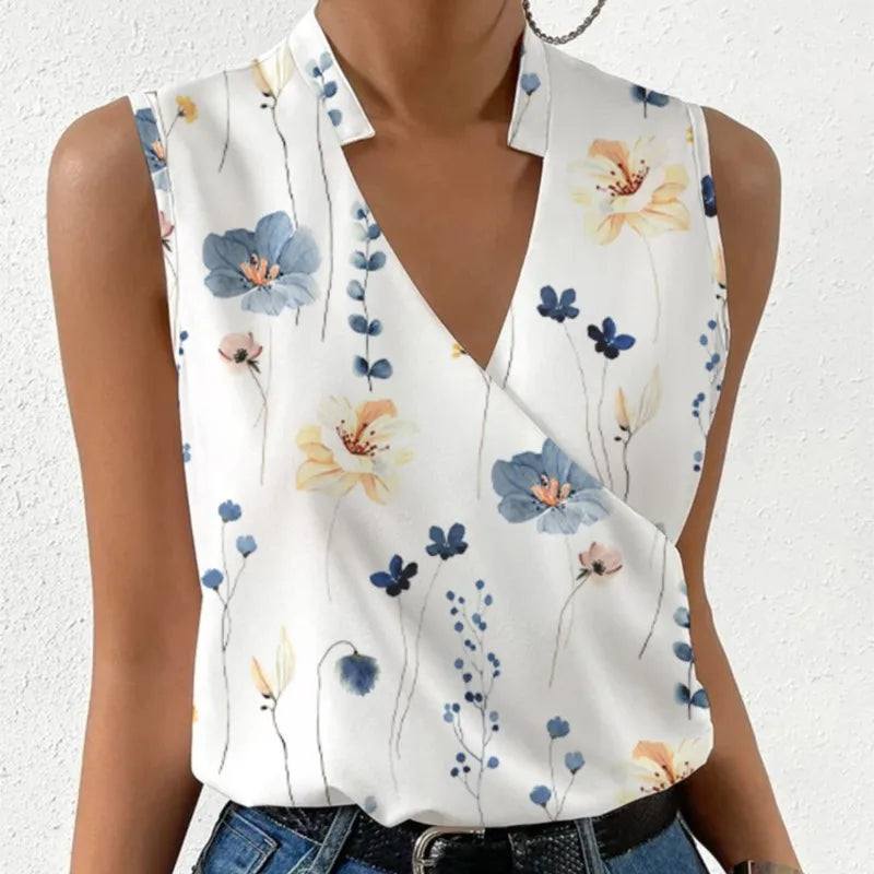 2024 Summer New Women's Printed V Neck Blouse Top Ladies Casual Slim Sleevless Pullover Shirts Femme Blusas Chemisier