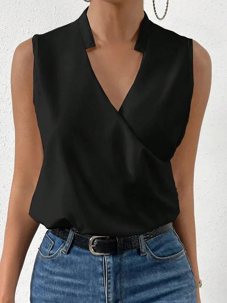 2024 Summer New Women's Printed V Neck Blouse Top Ladies Casual Slim Sleevless Pullover Shirts Femme Blusas Chemisier
