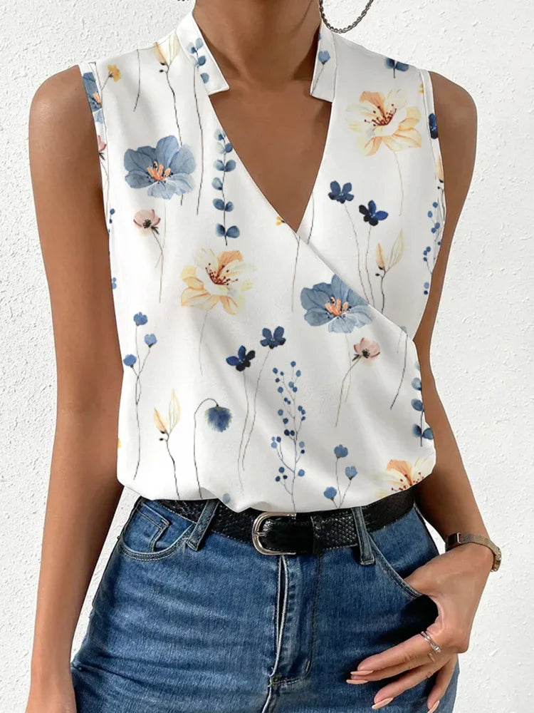 2024 Summer New Women's Printed V Neck Blouse Top Ladies Casual Slim Sleevless Pullover Shirts Femme Blusas Chemisier