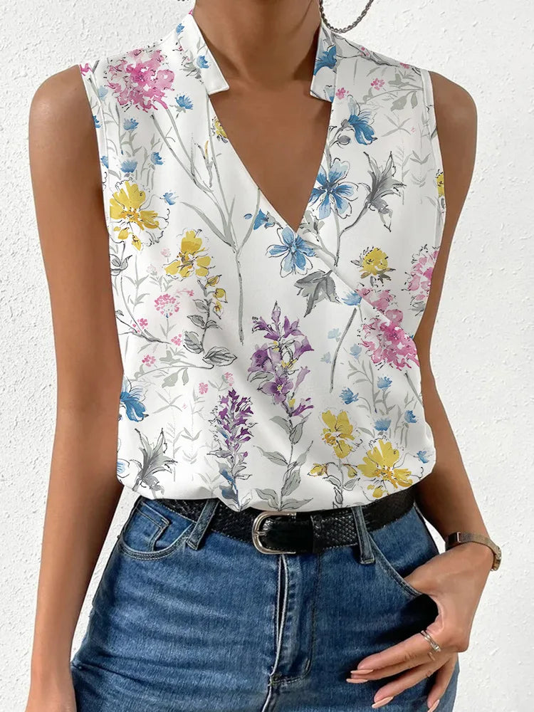 2024 Summer New Women's Printed V Neck Blouse Top Ladies Casual Slim Sleevless Pullover Shirts Femme Blusas Chemisier