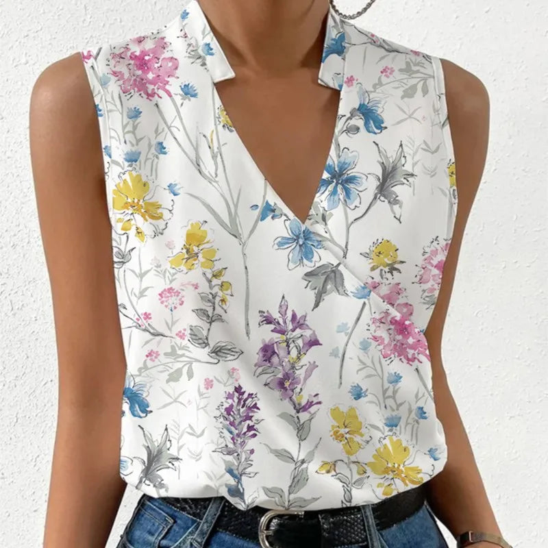 2024 Summer New Women's Printed V Neck Blouse Top Ladies Casual Slim Sleevless Pullover Shirts Femme Blusas Chemisier