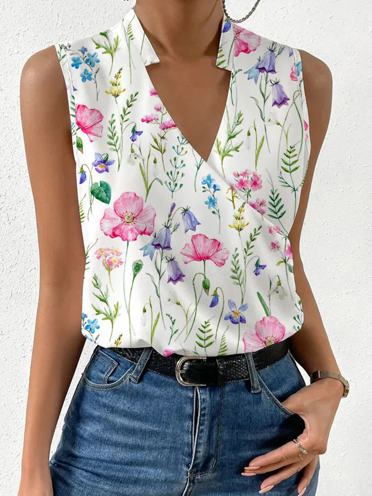 2024 Summer New Women's Printed V Neck Blouse Top Ladies Casual Slim Sleevless Pullover Shirts Femme Blusas Chemisier
