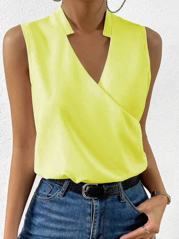 2024 Summer New Women's Printed V Neck Blouse Top Ladies Casual Slim Sleevless Pullover Shirts Femme Blusas Chemisier
