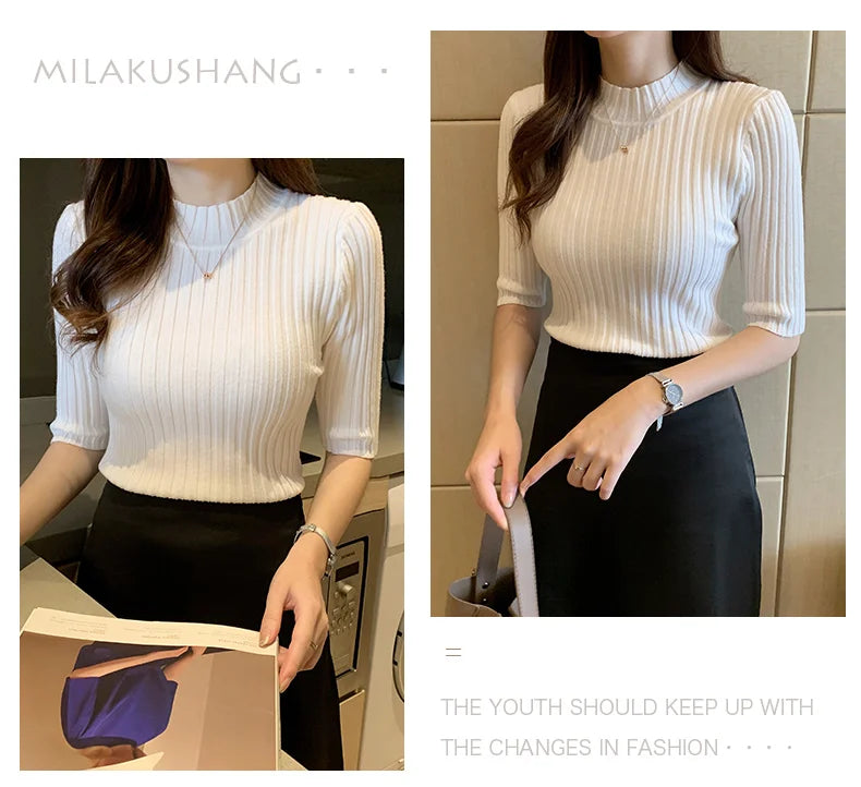 Short Sleeve Knit Blouse Women Knitted Pullovers