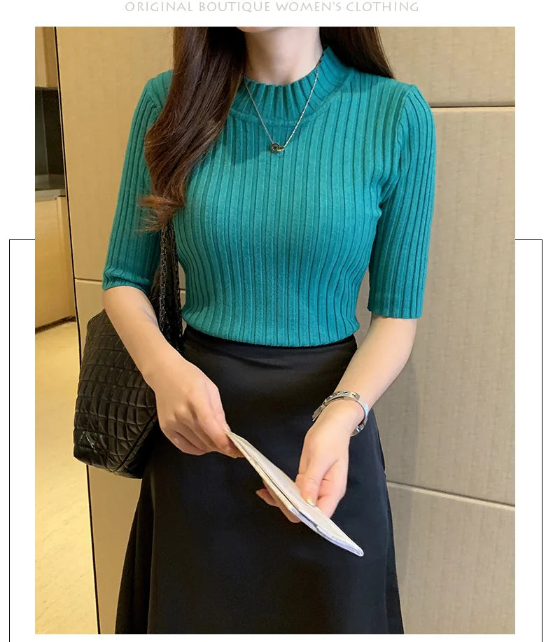 Short Sleeve Knit Blouse Women Knitted Pullovers
