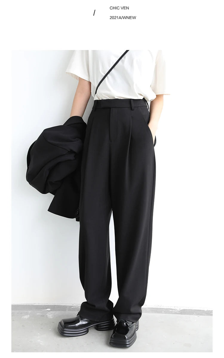 CHIC VEN Simple Casual Women Twill Suit Pants Wide Leg Pants Straight Floor Pants Office Ladies Female Trousers