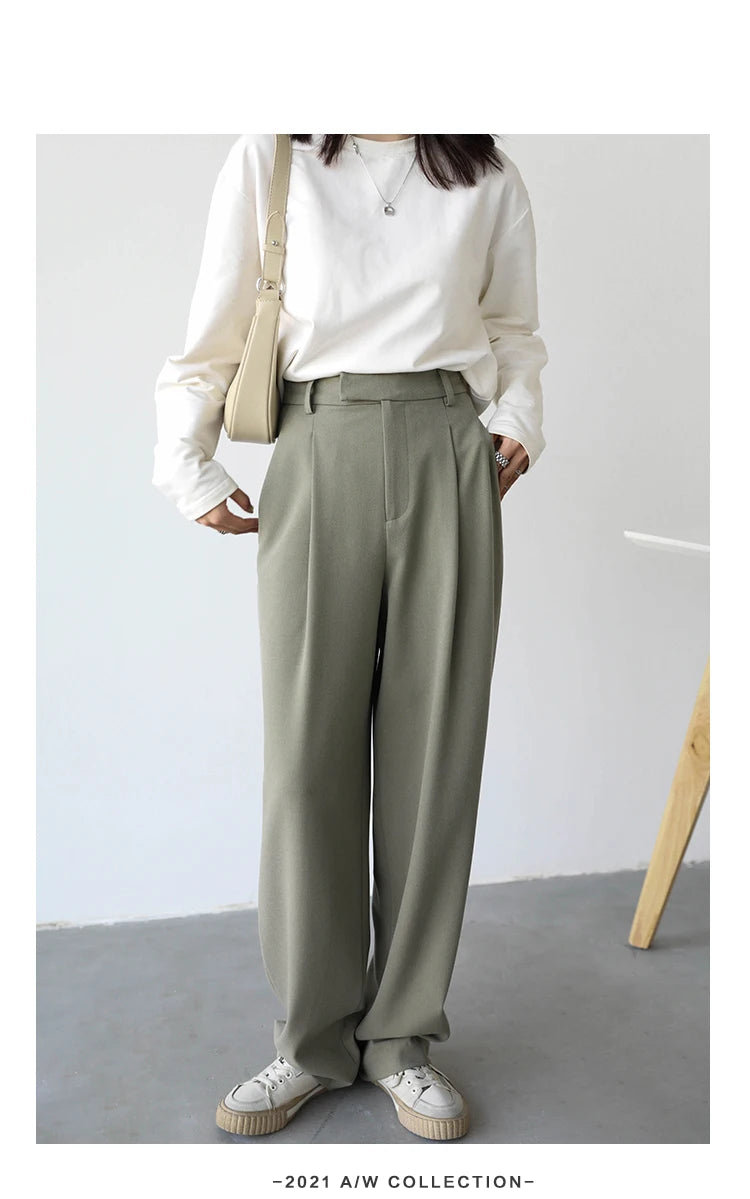 CHIC VEN Simple Casual Women Twill Suit Pants Wide Leg Pants Straight Floor Pants Office Ladies Female Trousers