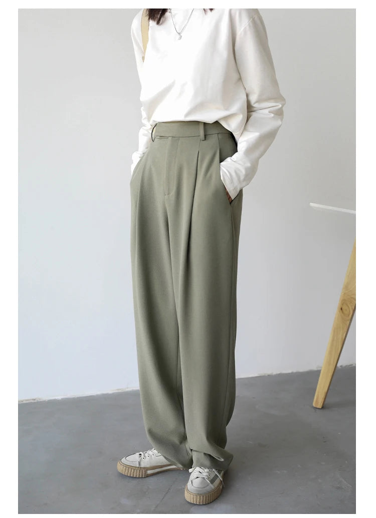 CHIC VEN Simple Casual Women Twill Suit Pants Wide Leg Pants Straight Floor Pants Office Ladies Female Trousers