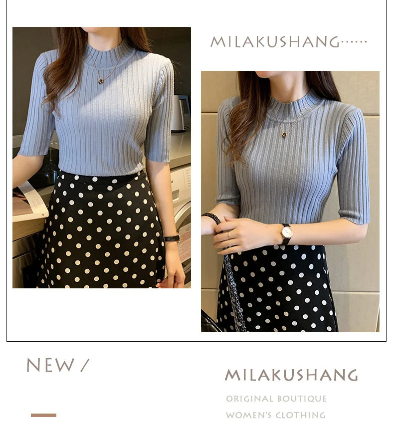 Short Sleeve Knit Blouse Women Knitted Pullovers