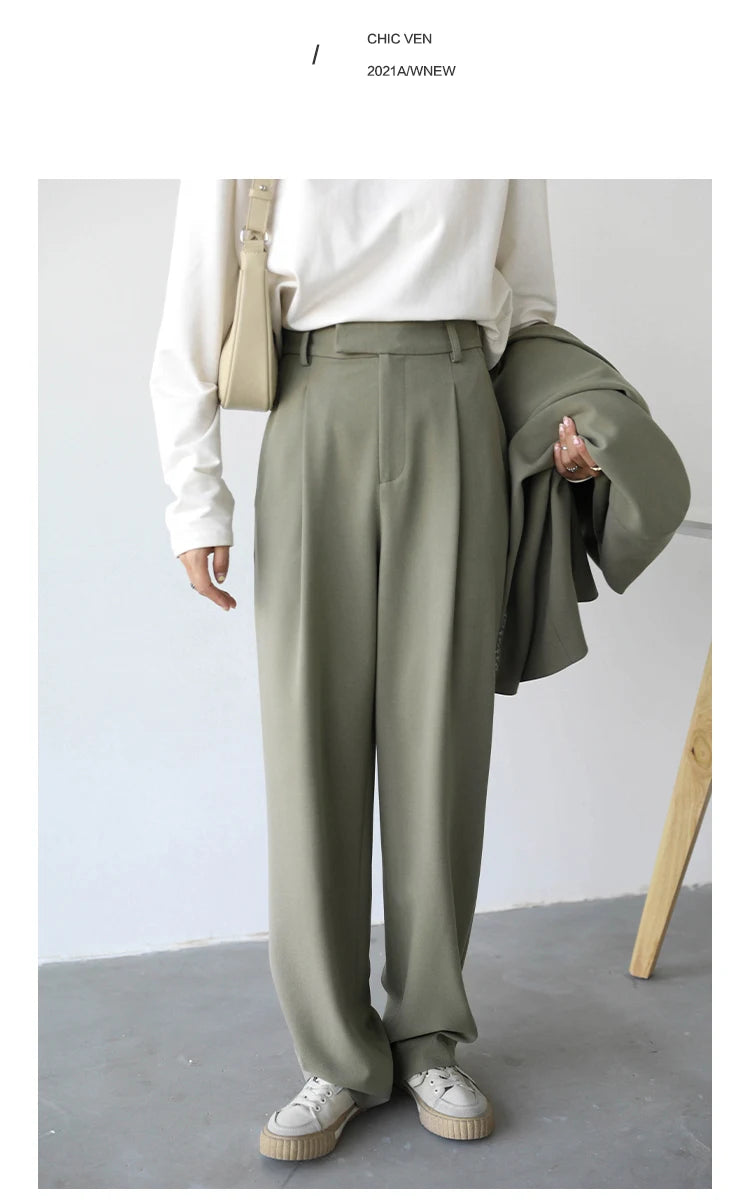 CHIC VEN Simple Casual Women Twill Suit Pants Wide Leg Pants Straight Floor Pants Office Ladies Female Trousers