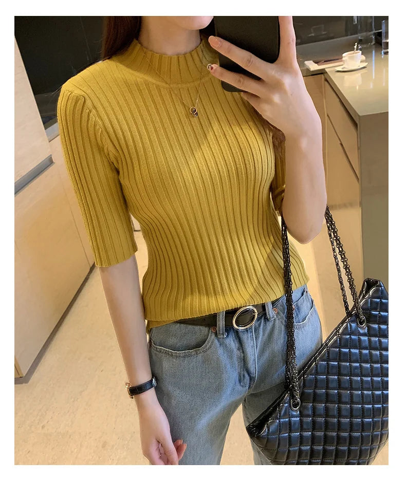 Short Sleeve Knit Blouse Women Knitted Pullovers