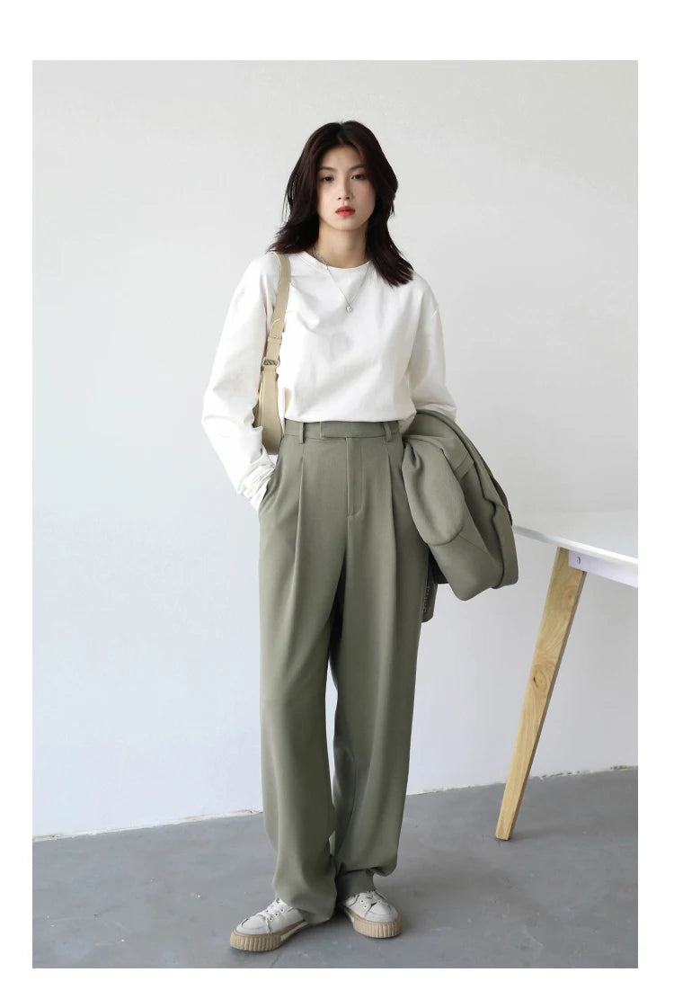 CHIC VEN Simple Casual Women Twill Suit Pants Wide Leg Pants Straight Floor Pants Office Ladies Female Trousers