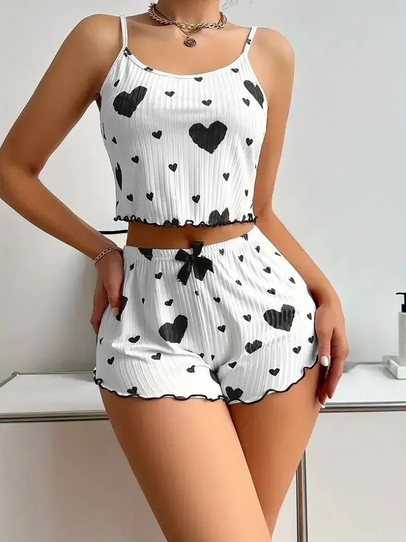 Black Heart Print Pajama Set for Women Undewear Sleepwear Casual Round Neck Backless Crop Top and Shorts Set Loungewear