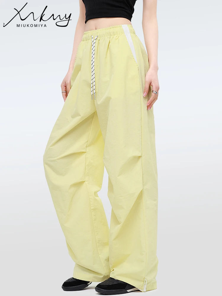 Straight Summer Pants Women Casual Yellow Thin Sweatpants Deawstring Elastic Waist Loose Trousers Joggers Cargo Pants For Ladies