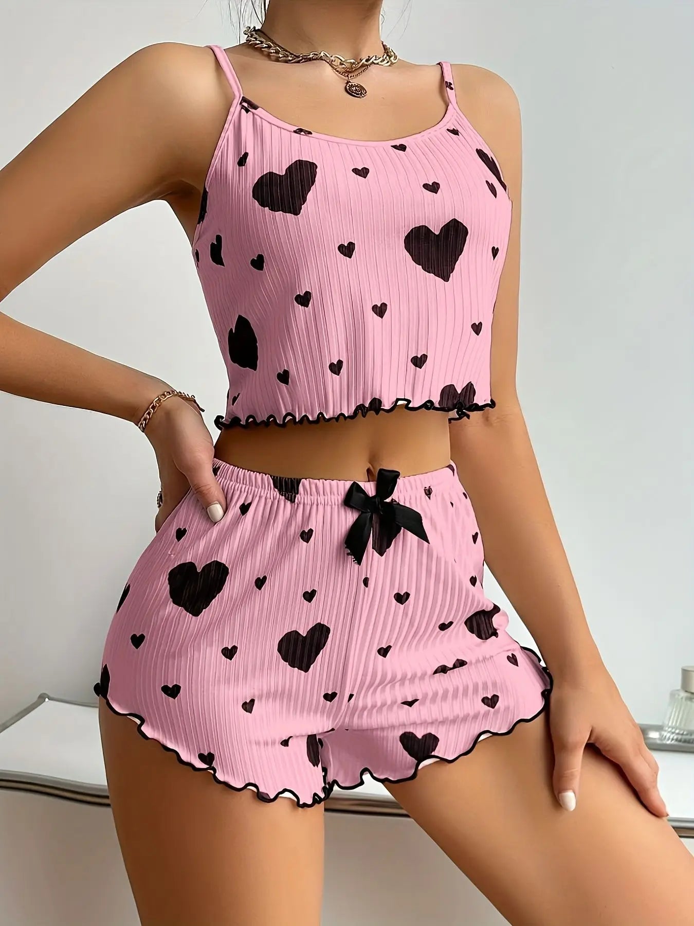 Summer Casual Sleepwear Heart Printed Pajama Set for Women Backless Crop Cami Top and Shorts Set Lounge Pijamas