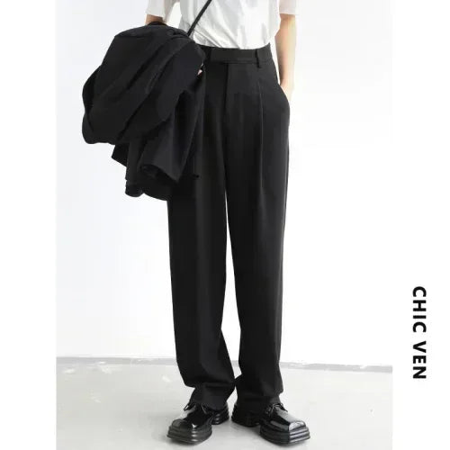 CHIC VEN Simple Casual Women Twill Suit Pants Wide Leg Pants Straight Floor Pants Office Ladies Female Trousers