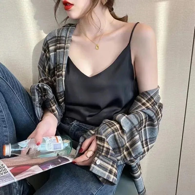 White Basic Women Silk-Like Satin Tops Vest Summer Sexy Camis Tank For Ladies Strappy Camisole Top Shirts Grunge Femme Clothes