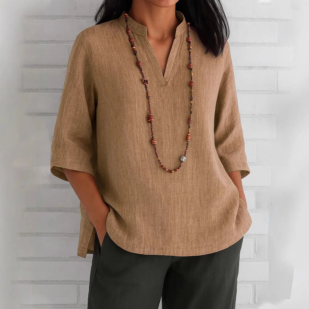 Blouse For Women Plus Size Solid Color V Neck Shirts Short Sleeve Linen Tee Blouse Summer Loose Tunic Tops Blusas Blouses