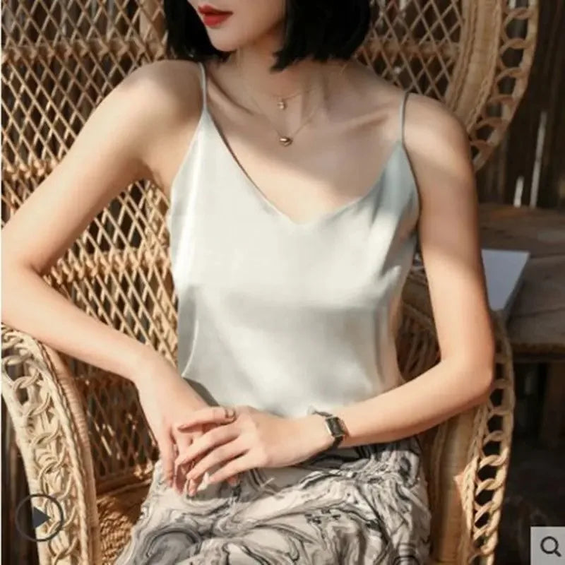 White Basic Women Silk-Like Satin Tops Vest Summer Sexy Camis Tank For Ladies Strappy Camisole Top Shirts Grunge Femme Clothes