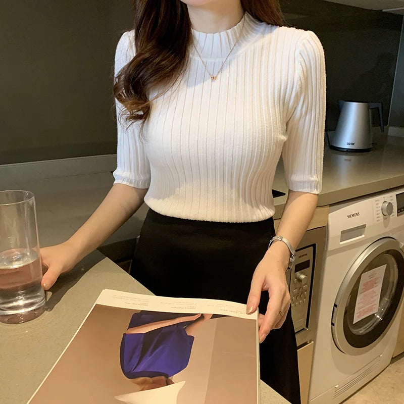 Short Sleeve Knit Blouse Women Knitted Pullovers