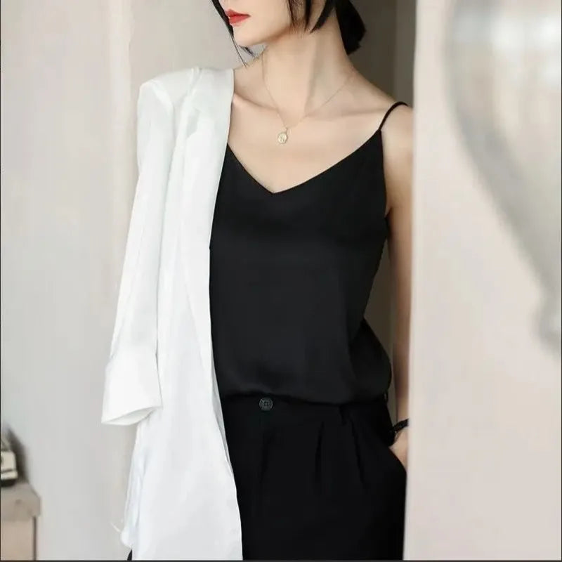 White Basic Women Silk-Like Satin Tops Vest Summer Sexy Camis Tank For Ladies Strappy Camisole Top Shirts Grunge Femme Clothes