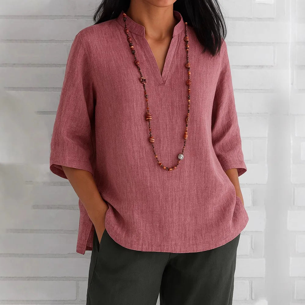 Blouse For Women Plus Size Solid Color V Neck Shirts Short Sleeve Linen Tee Blouse Summer Loose Tunic Tops Blusas Blouses