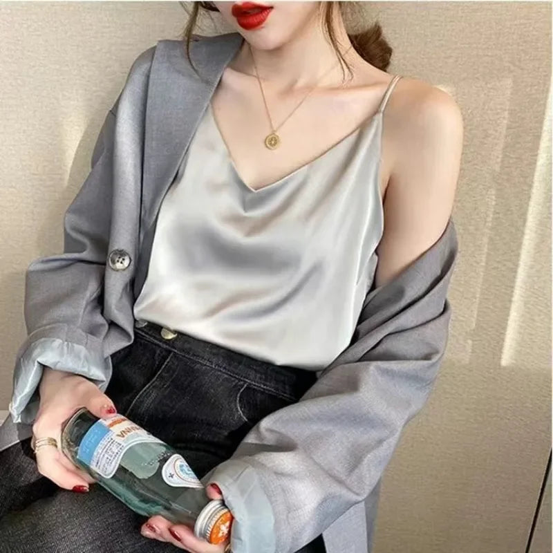 White Basic Women Silk-Like Satin Tops Vest Summer Sexy Camis Tank For Ladies Strappy Camisole Top Shirts Grunge Femme Clothes