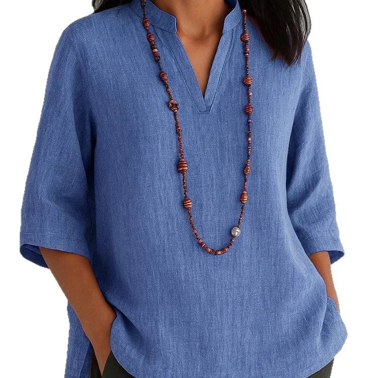 Blouse For Women Plus Size Solid Color V Neck Shirts Short Sleeve Linen Tee Blouse Summer Loose Tunic Tops Blusas Blouses