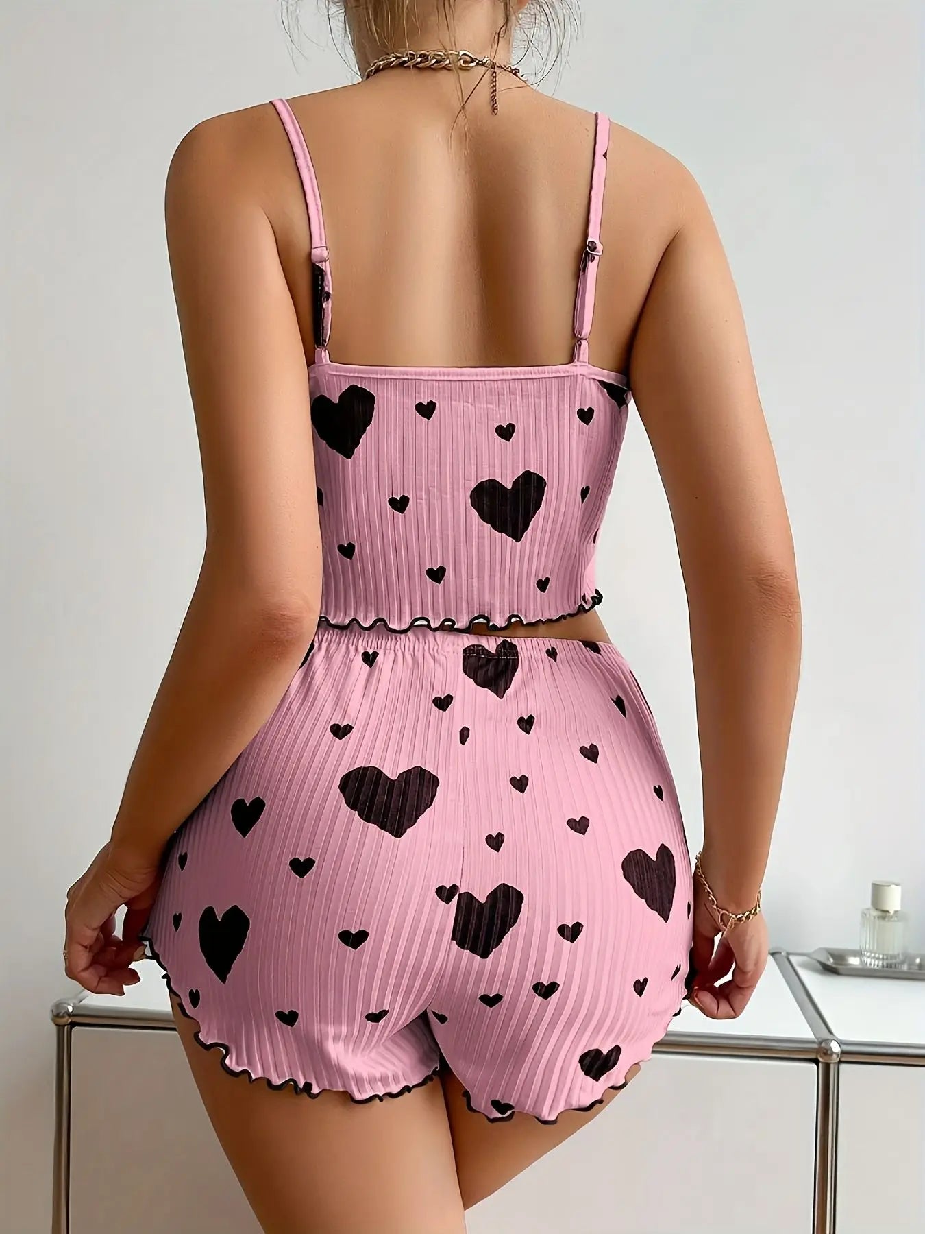 Summer Casual Sleepwear Heart Printed Pajama Set for Women Backless Crop Cami Top and Shorts Set Lounge Pijamas
