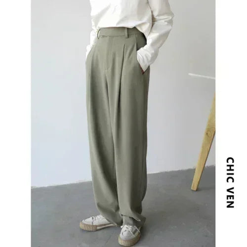 CHIC VEN Simple Casual Women Twill Suit Pants Wide Leg Pants Straight Floor Pants Office Ladies Female Trousers