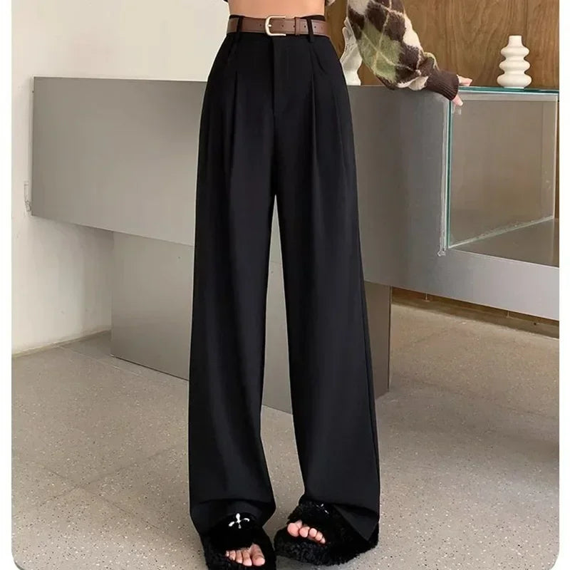 Women Fashion Suit Pants Lady Breathable Baggy High Waist Wide Leg Summer Trousers Lady Straight Leg Black Coffee Classic Pants