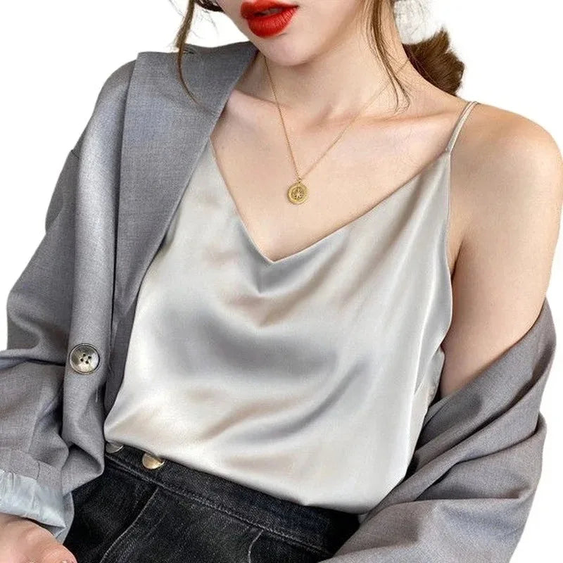 White Basic Women Silk-Like Satin Tops Vest Summer Sexy Camis Tank For Ladies Strappy Camisole Top Shirts Grunge Femme Clothes