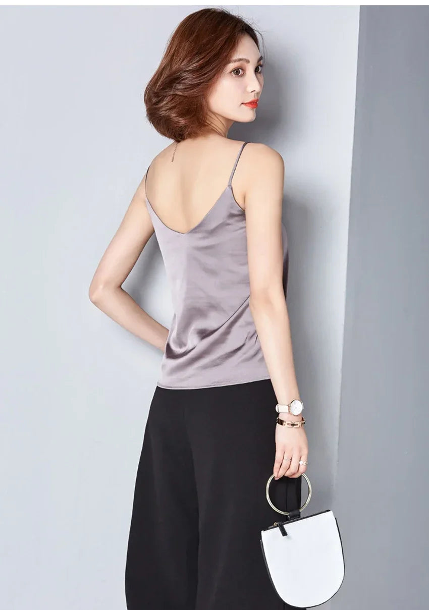 White Basic Women Silk-Like Satin Tops Vest Summer Sexy Camis Tank For Ladies Strappy Camisole Top Shirts Grunge Femme Clothes