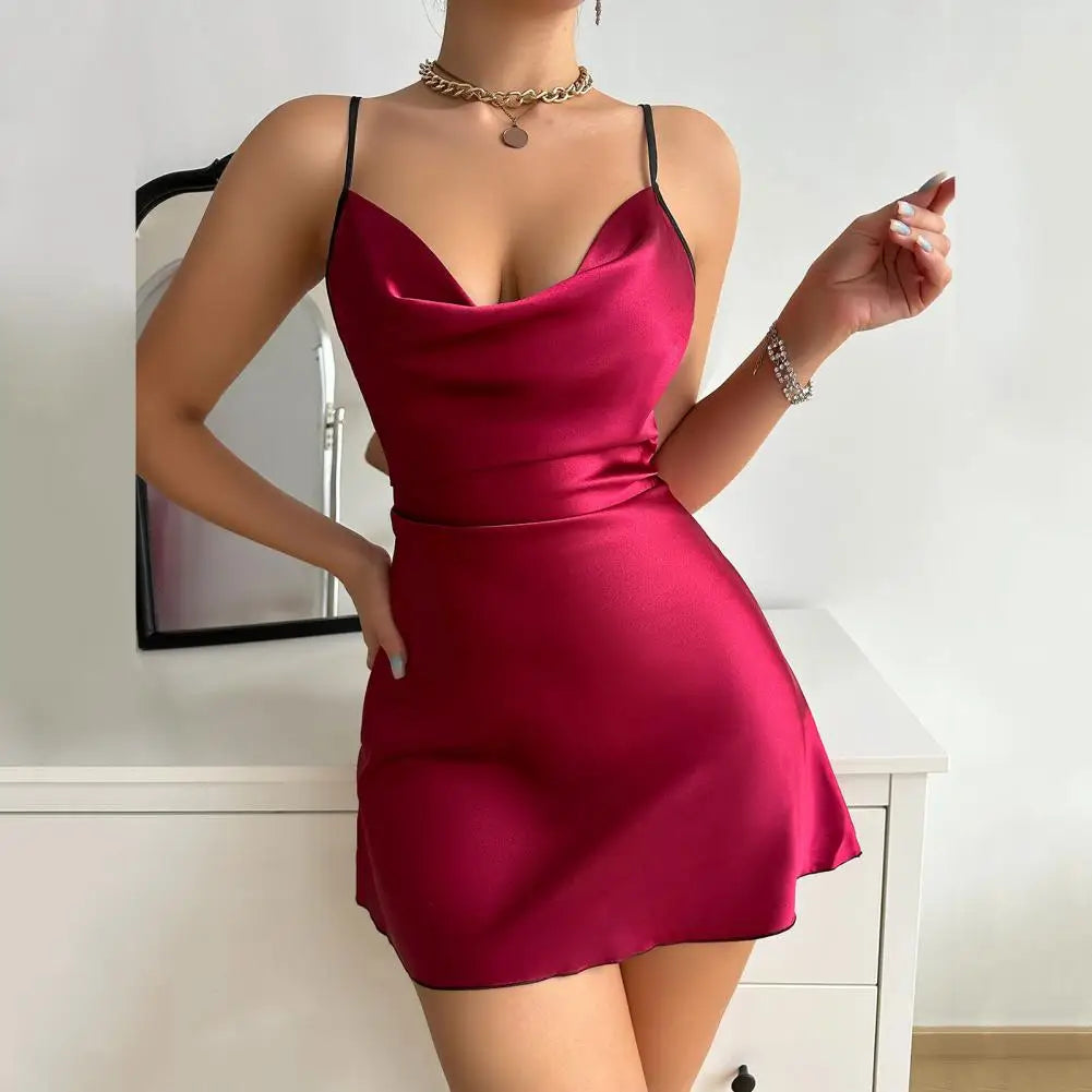 Women's Dresses 2024 Sexy Satin Backless Slimming Mini Dress Solid Colour Fashion Strappy Halter Party Dresses Night Clubwear