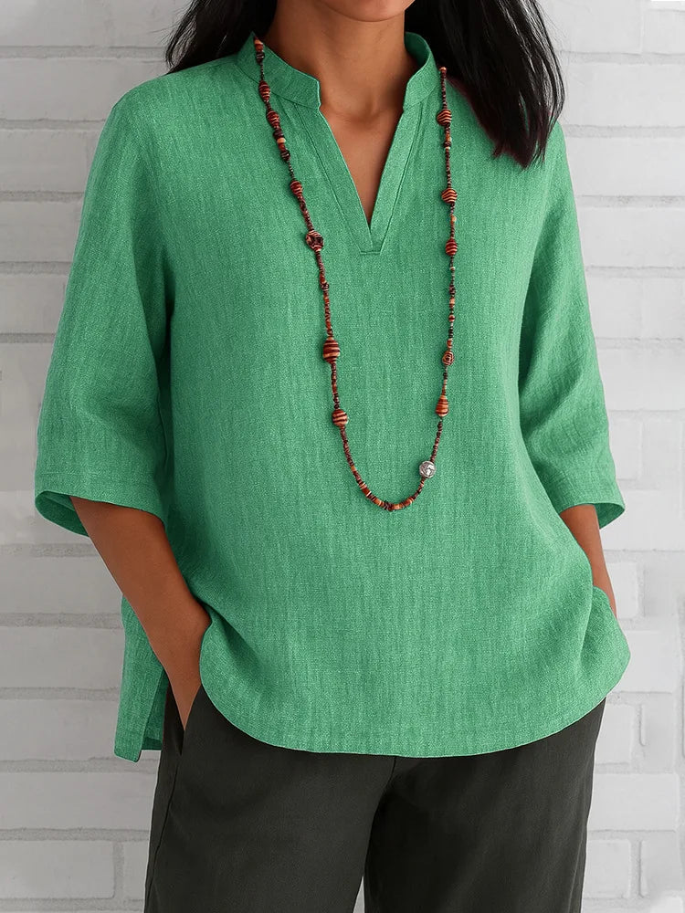 Blouse For Women Plus Size Solid Color V Neck Shirts Short Sleeve Linen Tee Blouse Summer Loose Tunic Tops Blusas Blouses