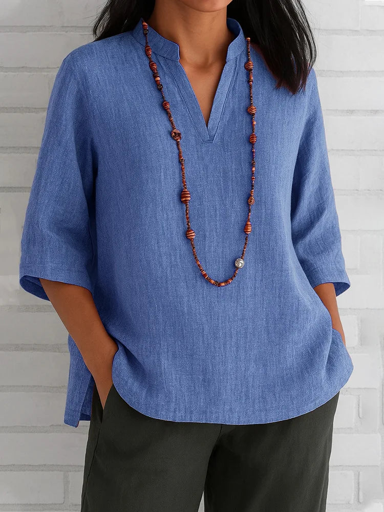 Blouse For Women Plus Size Solid Color V Neck Shirts Short Sleeve Linen Tee Blouse Summer Loose Tunic Tops Blusas Blouses