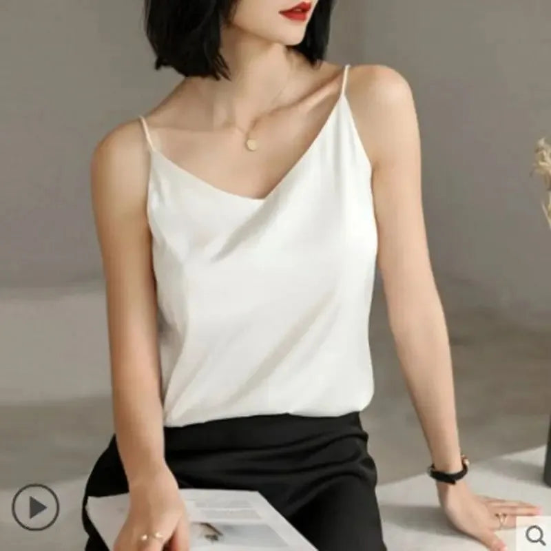 White Basic Women Silk-Like Satin Tops Vest Summer Sexy Camis Tank For Ladies Strappy Camisole Top Shirts Grunge Femme Clothes