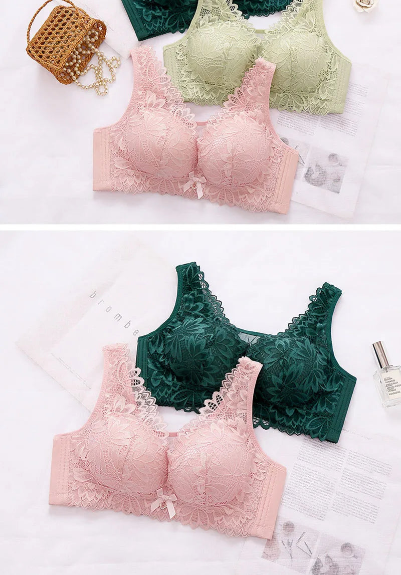 Sexy Push Up Bra Woman See Through Backless Bra Bralette Top Floral Bralette Lace Thin Large Size No Steel Ring Underwear