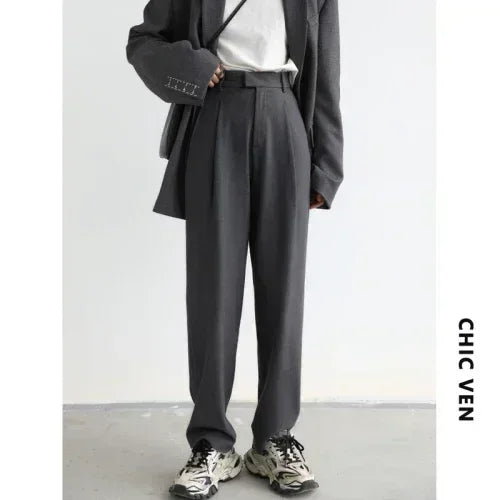 CHIC VEN Simple Casual Women Twill Suit Pants Wide Leg Pants Straight Floor Pants Office Ladies Female Trousers