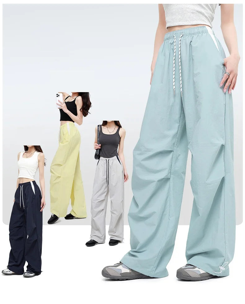 Straight Summer Pants Women Casual Yellow Thin Sweatpants Deawstring Elastic Waist Loose Trousers Joggers Cargo Pants For Ladies