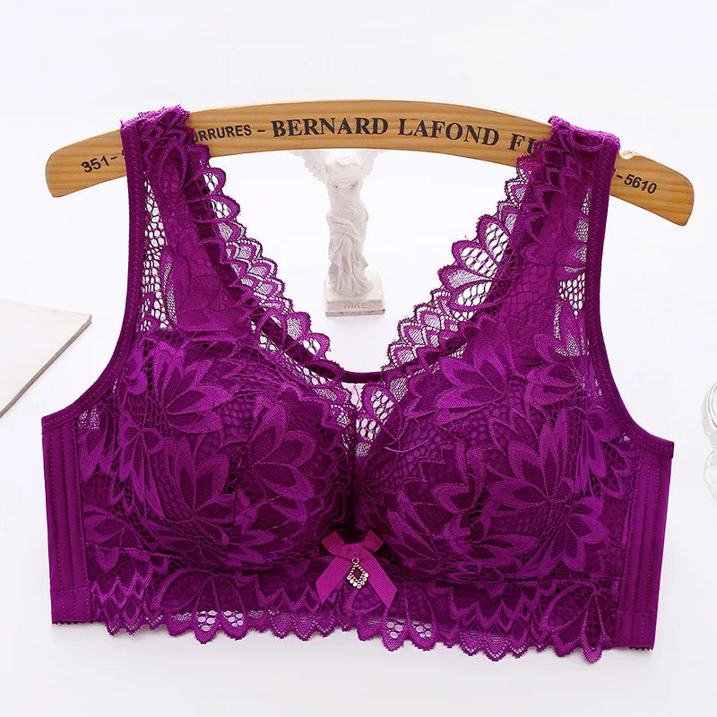 Sexy Push Up Bra Woman See Through Backless Bra Bralette Top Floral Bralette Lace Thin Large Size No Steel Ring Underwear