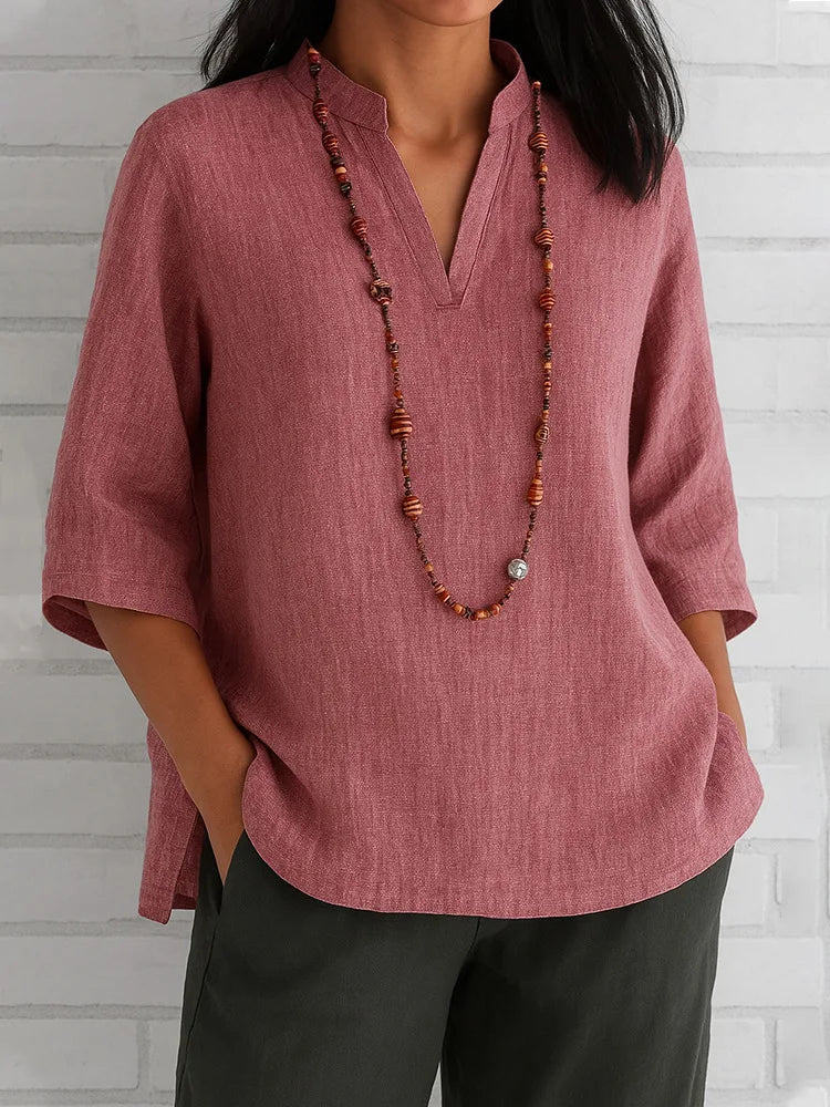 Blouse For Women Plus Size Solid Color V Neck Shirts Short Sleeve Linen Tee Blouse Summer Loose Tunic Tops Blusas Blouses