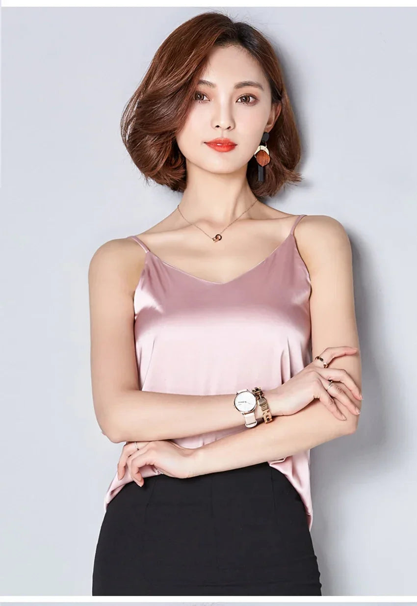 White Basic Women Silk-Like Satin Tops Vest Summer Sexy Camis Tank For Ladies Strappy Camisole Top Shirts Grunge Femme Clothes