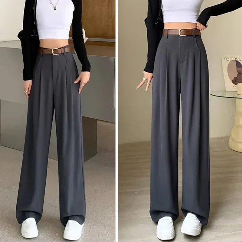 Women Fashion Suit Pants Lady Breathable Baggy High Waist Wide Leg Summer Trousers Lady Straight Leg Black Coffee Classic Pants