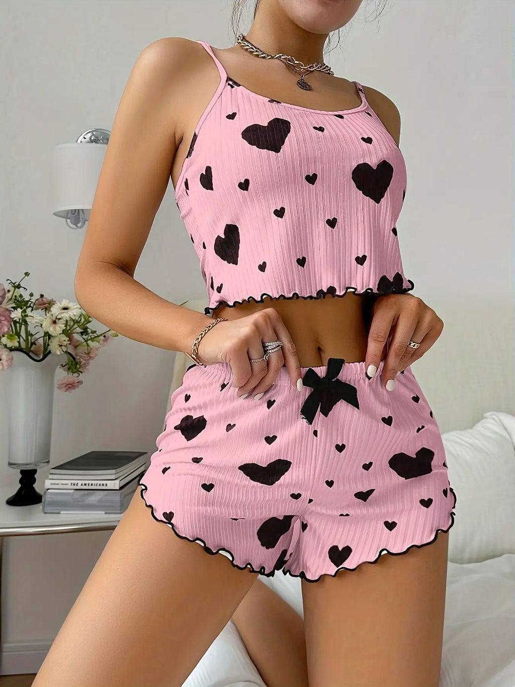 Summer Casual Sleepwear Heart Printed Pajama Set for Women Backless Crop Cami Top and Shorts Set Lounge Pijamas