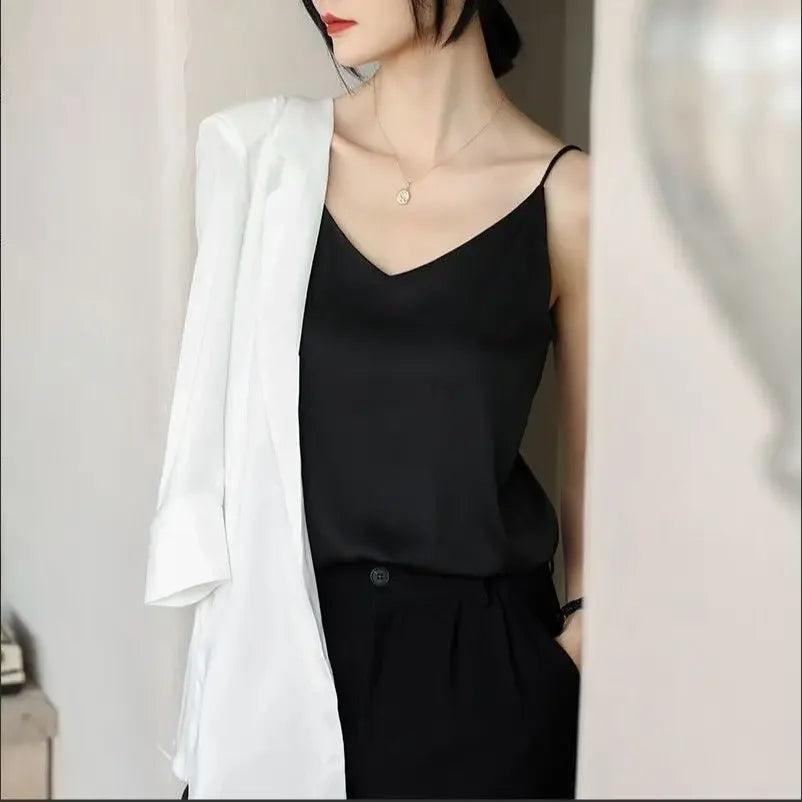 White Basic Women Silk-Like Satin Tops Vest Summer Sexy Camis Tank For Ladies Strappy Camisole Top Shirts Grunge Femme Clothes