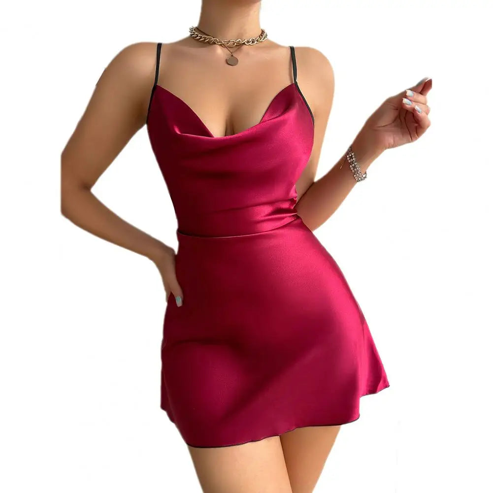Women's Dresses 2024 Sexy Satin Backless Slimming Mini Dress Solid Colour Fashion Strappy Halter Party Dresses Night Clubwear
