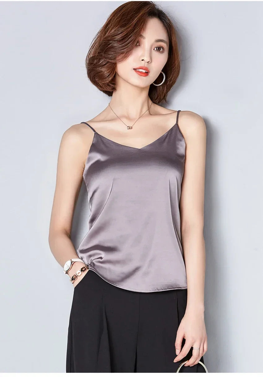 White Basic Women Silk-Like Satin Tops Vest Summer Sexy Camis Tank For Ladies Strappy Camisole Top Shirts Grunge Femme Clothes